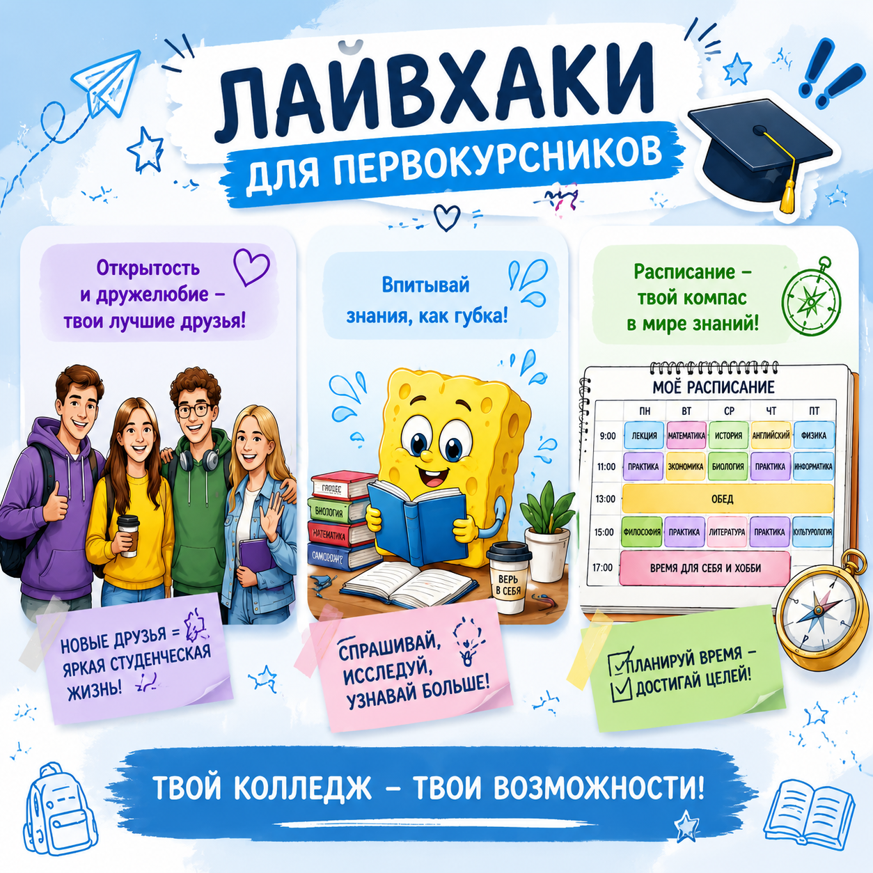ПРИВЕТ, ПЕРВОКУРСНИК! ЛОВИ ТРИ ЛАЙФХАКА, ЧТОБЫ УВЕРЕННО НАЧАТЬ СТУДЕНЧЕСКУЮ ЖИЗНЬ!